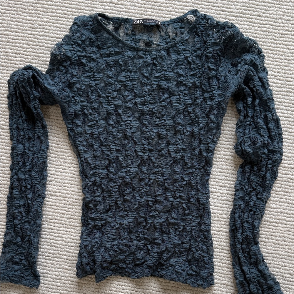 Zara Women's Sheer Dark Teal Lace Long Sleeve Top